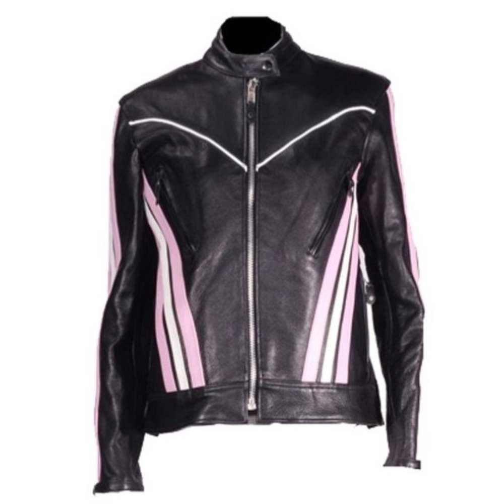 Women's Black & Pink Leather Racer Jacket